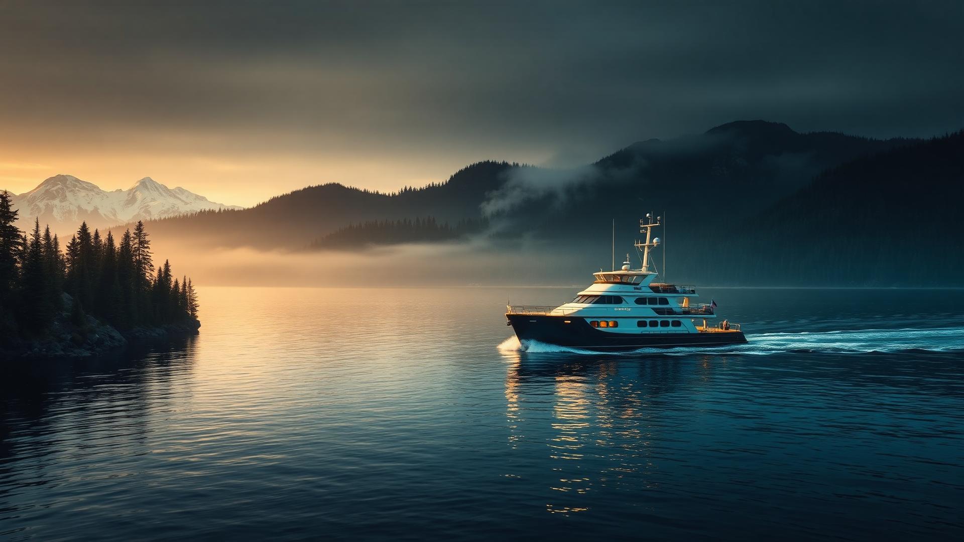 Motor yacht cruising at dusk through Pacific Northwest waters